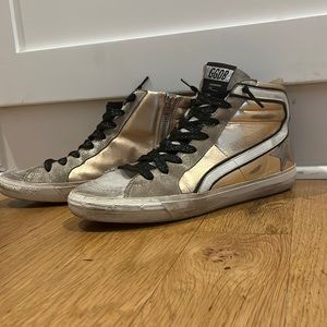 Golden Goose Metallic Gold High-Top Sneakers with Black Laces
